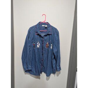 White Stag Plus Size Christmas Shirt Blue Denim Long Sleeve Embroidered  W26-W28